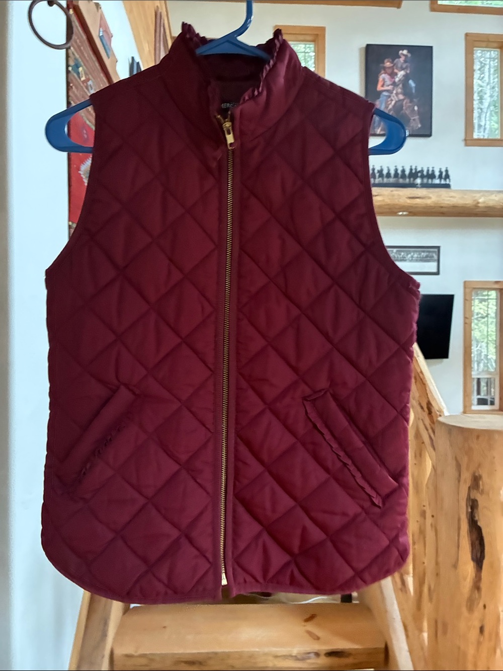 J. Crew Quilted Sleeveless Vest in Burgundy with Gold Zipper